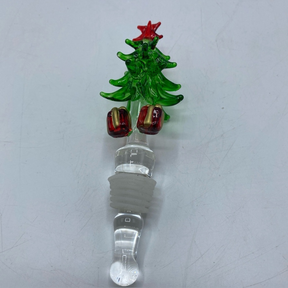 Art Glass Christmas Tree Bottle Stopper Wine Cap Glass Topper Presents Holiday